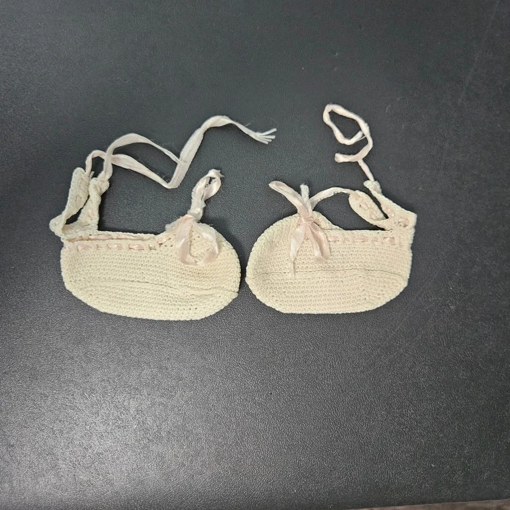 Vintage Handmade Crochet Baby Booties Pink Silk Ribbon Heirloom Slippers